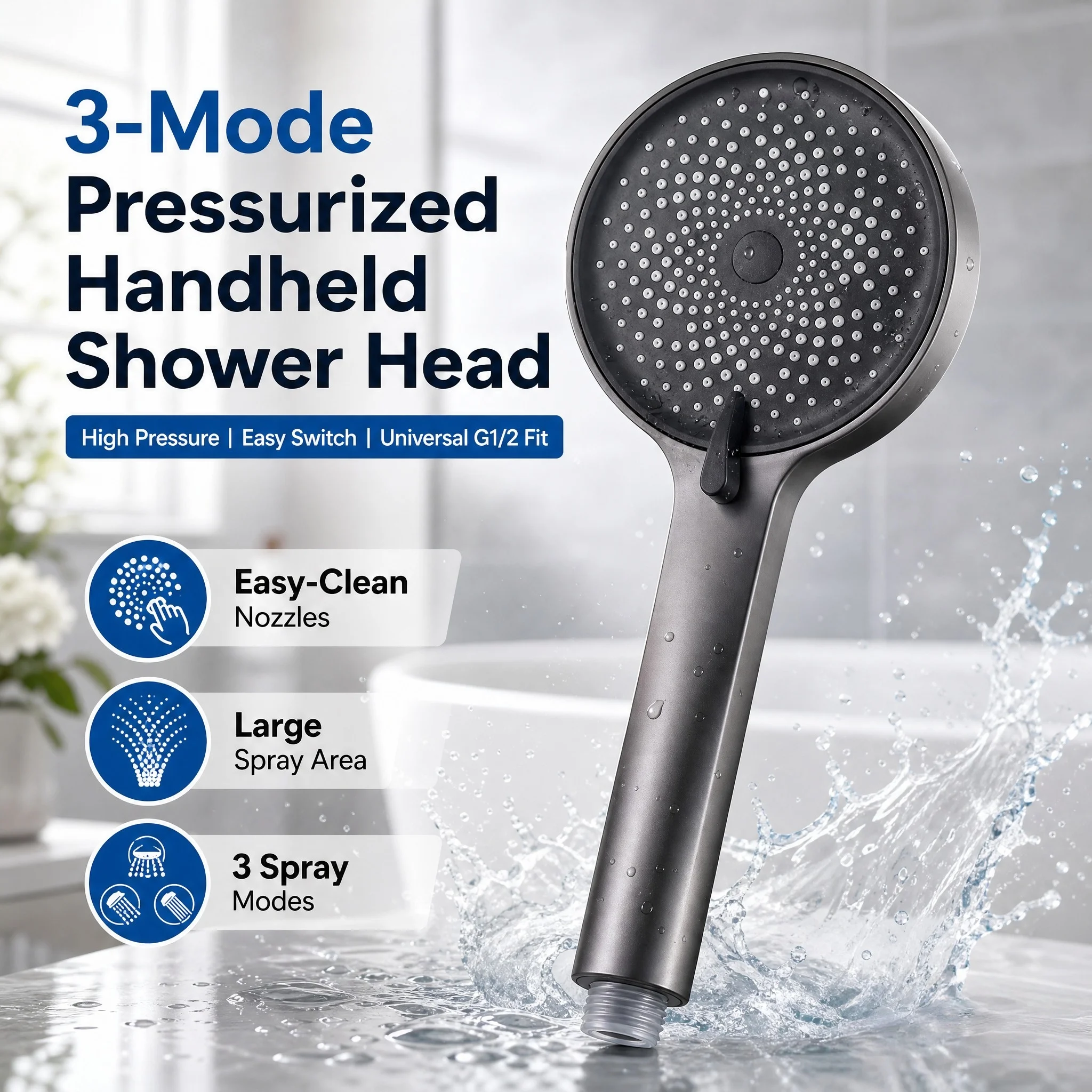 High Pressure Large Flow Handheld Shower Head 3 Mode Adjustable Turbo Pulsed SPA Rain Shower Bathroom Accessories and Home Use
High Pressure Large Flow Handheld Shower Head 3 Mode Adjustable Turbo Pulsed SPA Rain Shower Bathroom Accessories and Home Use