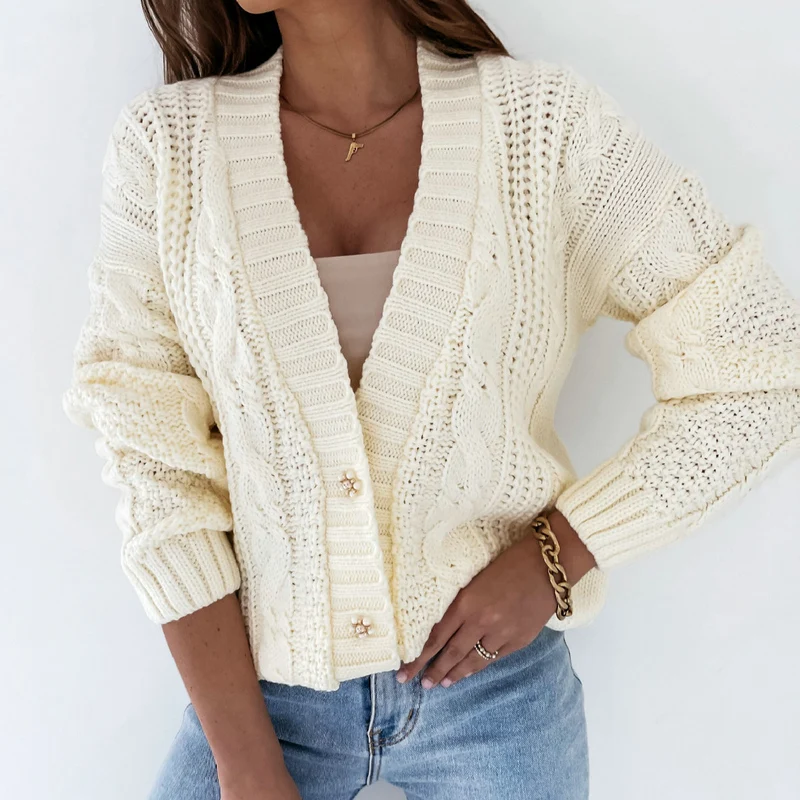Winter Women Knitted Cardigan Sweater V-neck Long Sleeve Fried Dough Twists Solid Color Casual Autumn Elegant Lady Casual Coat
Winter Women Knitted Cardigan Sweater V-neck Long Sleeve Fried Dough Twists Solid Color Casual Autumn Elegant Lady Casual Coat