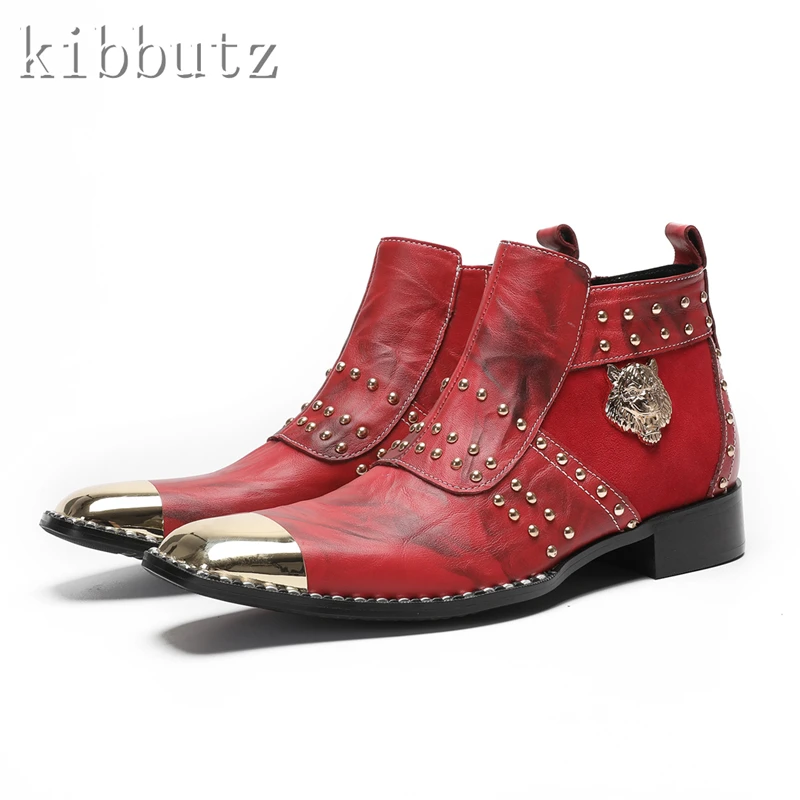Luxury Design Red Genuine Leather Men Dress Boots Metal Toe Rivets Metal Tiger Head Decor Motorcycle Ankle Boots
Luxury Design Red Genuine Leather Men Dress Boots Metal Toe Rivets Metal Tiger Head Decor Motorcycle Ankle Boots