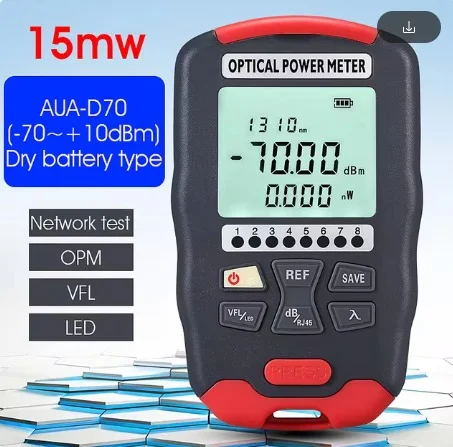 AUA-D70 Mini 4 in1 Fiber Optic Cable Tester Optical Power Meter (-70~+10 OPM) Visual Fault Locator (1-50mw VFL) Network Test LED
AUA-D70 Mini 4 in1 Fiber Optic Cable Tester Optical Power Meter (-70~+10 OPM) Visual Fault Locator (1-50mw VFL) Network Test LED