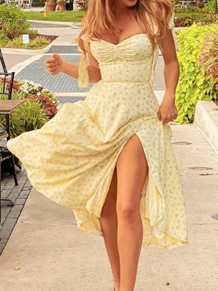 2025 Summer Women Midi Dress Beach Shoulder Strap Small Flower Print Split Sleeveless Backless Low-cut V Neck Vacation Vestidos
2025 Summer Women Midi Dress Beach Shoulder Strap Small Flower Print Split Sleeveless Backless Low-cut V Neck Vacation Vestidos