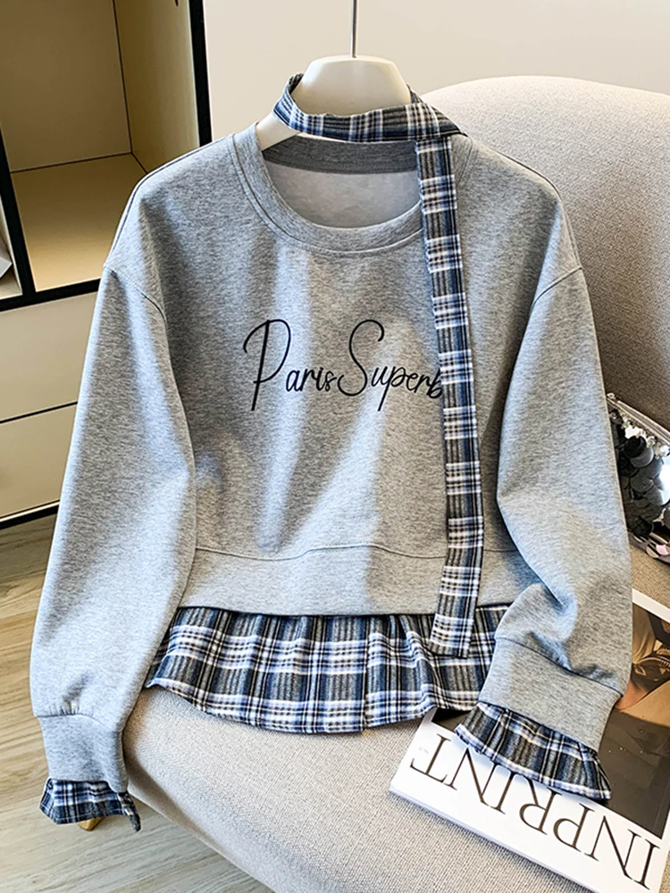 College Sle Plaid Print Letter Patchwork Fake Two-Piece Sweatirt Women's oulder Design Autumn Winter New Faion Top
College Sle Plaid Print Letter Patchwork Fake Two-Piece Sweatirt Women's oulder Design Autumn Winter New Faion Top