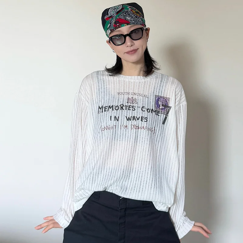 American Retro Hot Girl Streetwear Sheer T Shirts Women Spring Summer Breathable Stripe Long Sleeve Loose Casual Knitted T-shirt
American Retro Hot Girl Streetwear Sheer T Shirts Women Spring Summer Breathable Stripe Long Sleeve Loose Casual Knitted T-shirt