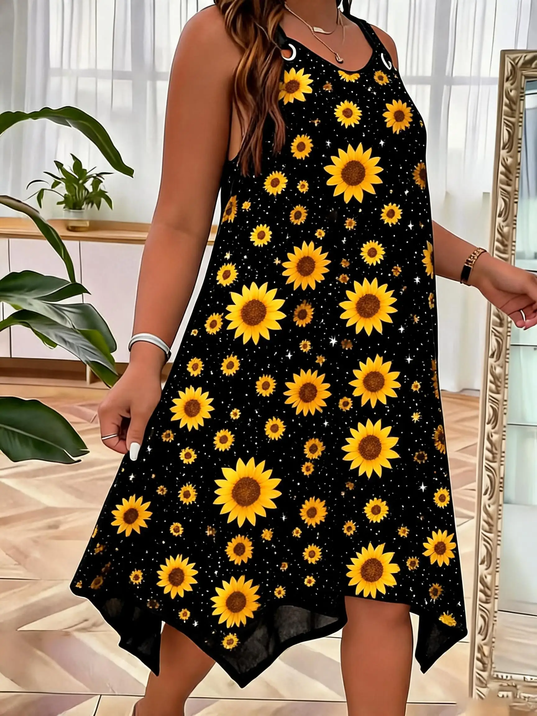 Plus Size Women Summer Dress Sunflower Print Sleeveless Camisole Dress Casual Loose Irregular Hem Tank Dress Black
Plus Size Women Summer Dress Sunflower Print Sleeveless Camisole Dress Casual Loose Irregular Hem Tank Dress Black