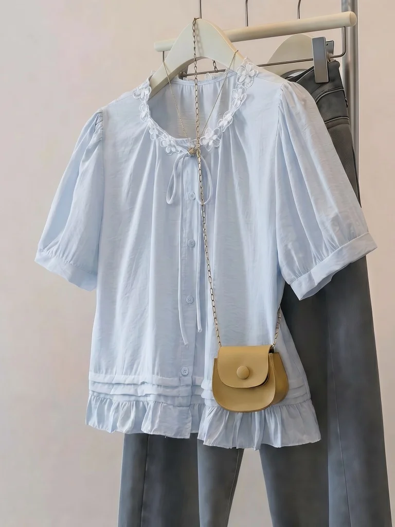 Light Blue Wooden Shoulder Women's Shirt Summer New Style plus Size Anti-Aging Doll Shirt Korean Style Commute Wind
Light Blue Wooden Shoulder Women's Shirt Summer New Style plus Size Anti-Aging Doll Shirt Korean Style Commute Wind