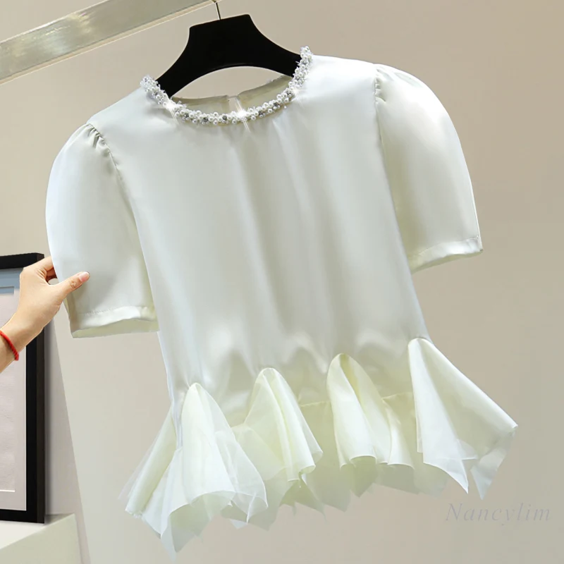 Diamond Beaded Round Neck Short Puff Sleeve Blouse Woman 2024 Summer Korean Style High Waist Ruffles Hem Chiffon Shirt Top
Diamond Beaded Round Neck Short Puff Sleeve Blouse Woman 2024 Summer Korean Style High Waist Ruffles Hem Chiffon Shirt Top