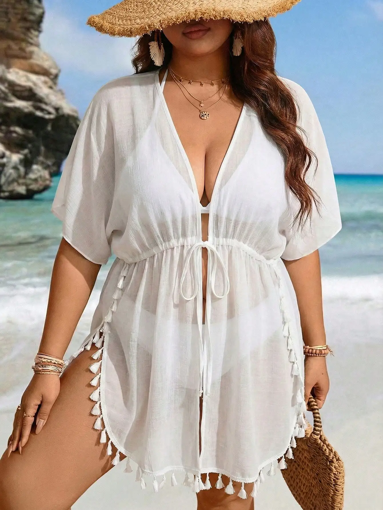 Plus Size Women Kimono Beach Cover Up, Lightweight Loose Robe With Fringe Trim And Waist Tie
Plus Size Women Kimono Beach Cover Up, Lightweight Loose Robe With Fringe Trim And Waist Tie