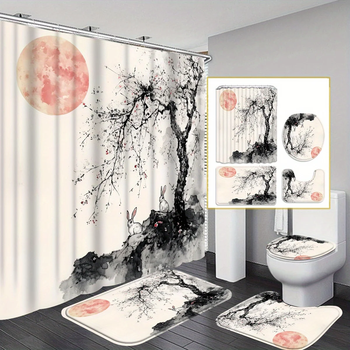 4 шт. Набор для ванной комнаты с узором «Скура в полнолуние» и «Лунный кролик», занавеска для душа, нескользящий напольный коврик, коврик для унитаза и U-образный коврик
4 шт. Набор для ванной комнаты с узором «Скура в полнолуние» и «Лунный кролик», занавеска для душа, нескользящий напольный коврик, коврик для унитаза и U-образный коврик