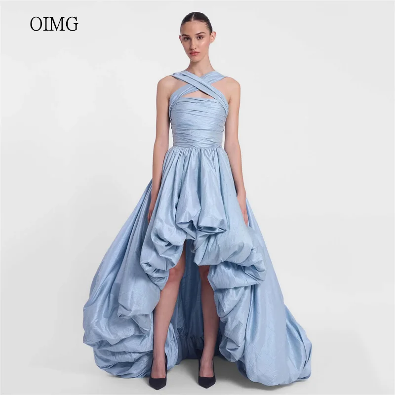 OIMG Luxury Criss Cross Neck Blue High/Low Prom Gowns Taffeta Pleated Formal Party Gown Floor Length Evening Dress Customized
OIMG Luxury Criss Cross Neck Blue High/Low Prom Gowns Taffeta Pleated Formal Party Gown Floor Length Evening Dress Customized