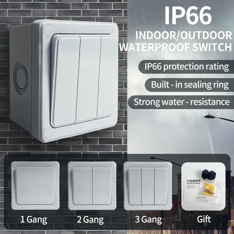 IP66 Rated Outdoor Wall Switch - Weatherproof Push Button, 1/2/3 Gang 16A for Home & Garden
IP66 Rated Outdoor Wall Switch - Weatherproof Push Button, 1/2/3 Gang 16A for Home & Garden