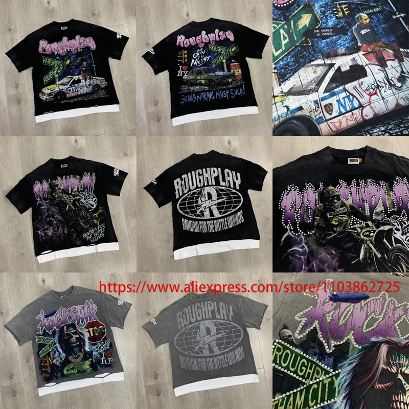 European American Trend Brand Roguh Play Tee Patchwork Do Old Perforated Shining Diamond ROUGH PLAY T-shirt Men Clothing
European American Trend Brand Roguh Play Tee Patchwork Do Old Perforated Shining Diamond ROUGH PLAY T-shirt Men Clothing