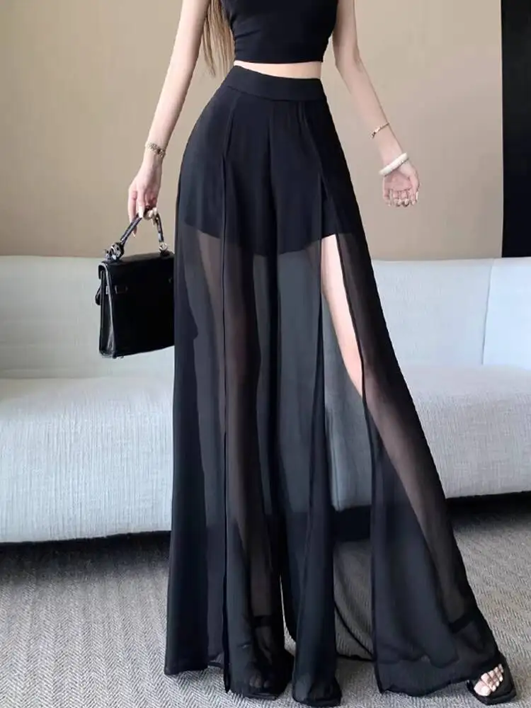 2026 Summer New Women's High Waist Wide Leg Pants Black Mesh Split Splice Skirt Pants Sheer Floor Length Casual Trousers
2026 Summer New Women's High Waist Wide Leg Pants Black Mesh Split Splice Skirt Pants Sheer Floor Length Casual Trousers