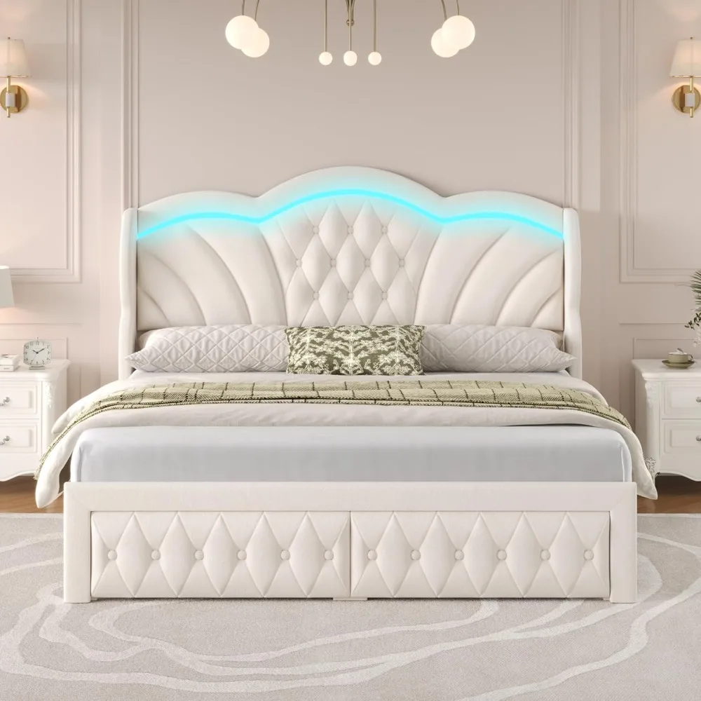 Bed Frame Arc-Shaped LED Lights and Wingback Bed, Button Tufted Headboard and Footboard with Storage Drawer 
Bed Frame Arc-Shaped LED Lights and Wingback Bed, Button Tufted Headboard and Footboard with Storage Drawer