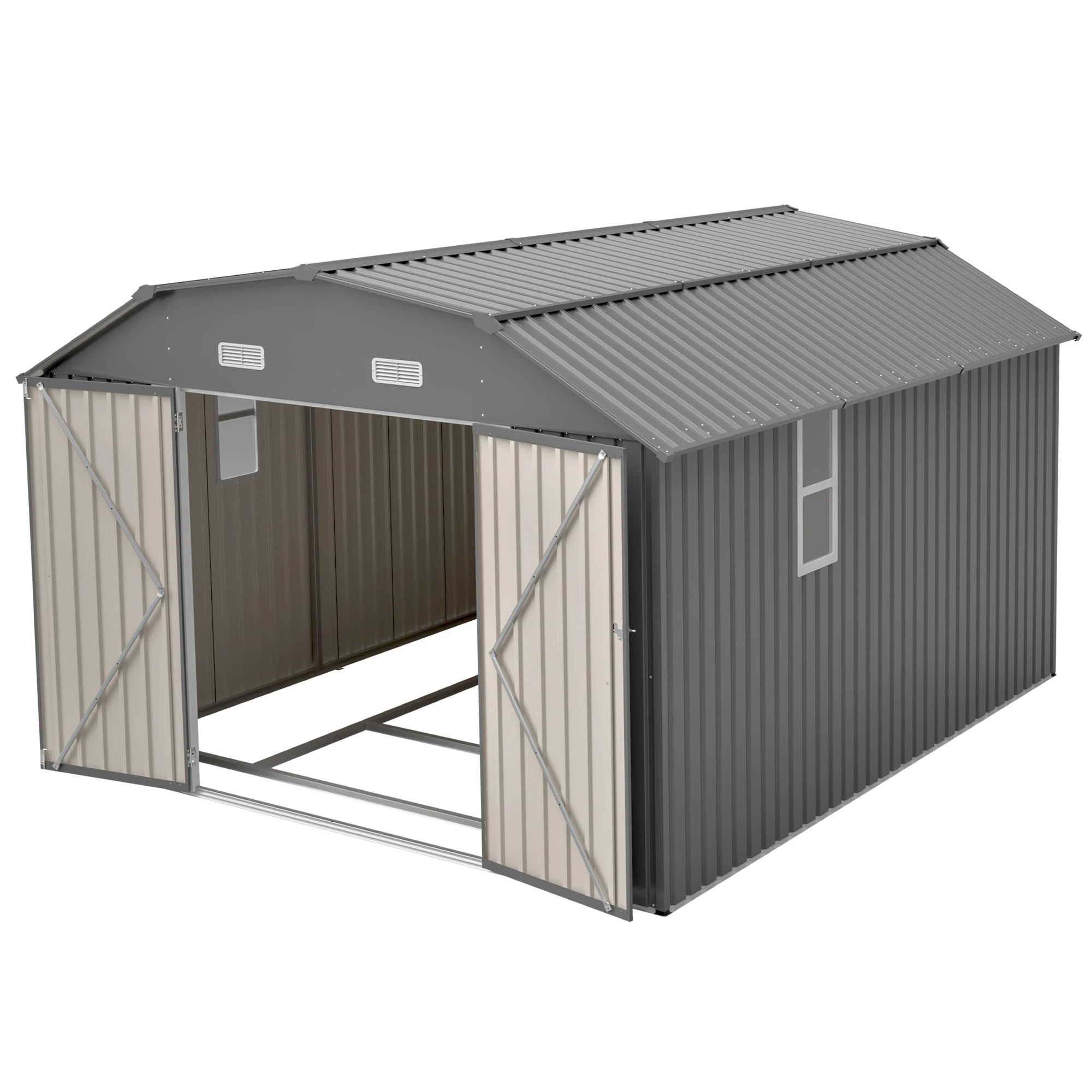 10*12FT Gray Metal Outdoor Storage Shed with Floor Frame Kit, Heavy Duty Weatherproof Tool Shed with Window & Vents, Large Outdoor Storage Cabinet for Backyard
10*12FT Gray Metal Outdoor Storage Shed with Floor Frame Kit, Heavy Duty Weatherproof Tool Shed with Window & Vents, Large Outdoor Storage Cabinet for Backyard