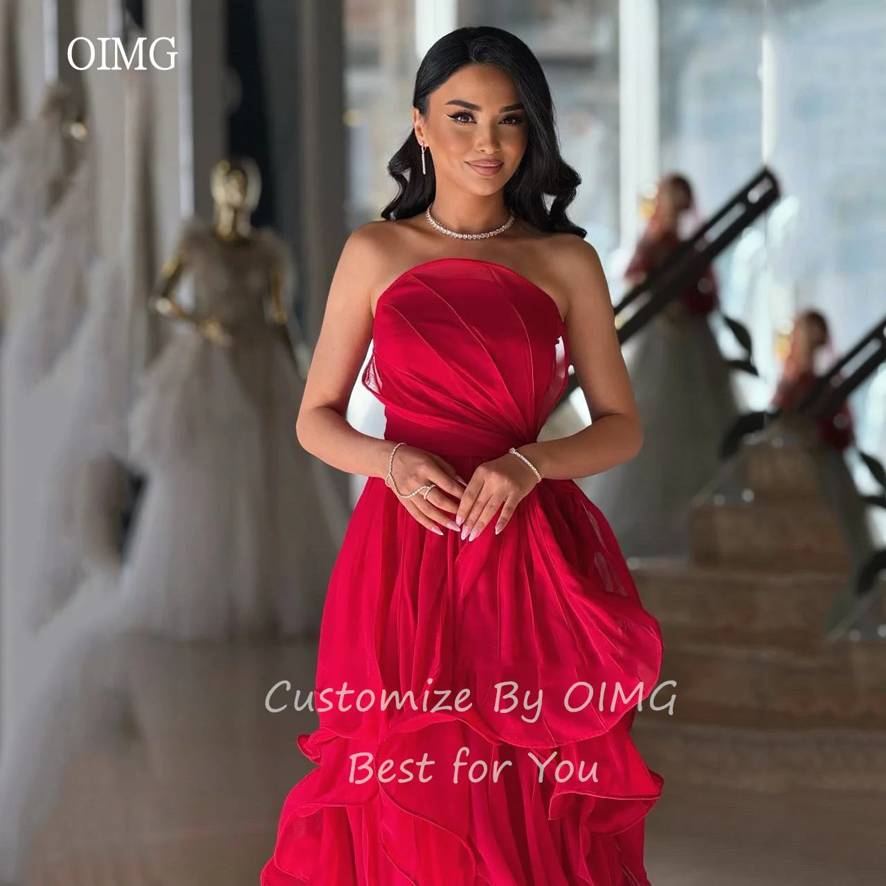 OIMG Modern Red Strapless A Line Prom Gowns Backless Ruffled Tiered Formal Party Gown Floor Length Evening Dress Customized
OIMG Modern Red Strapless A Line Prom Gowns Backless Ruffled Tiered Formal Party Gown Floor Length Evening Dress Customized