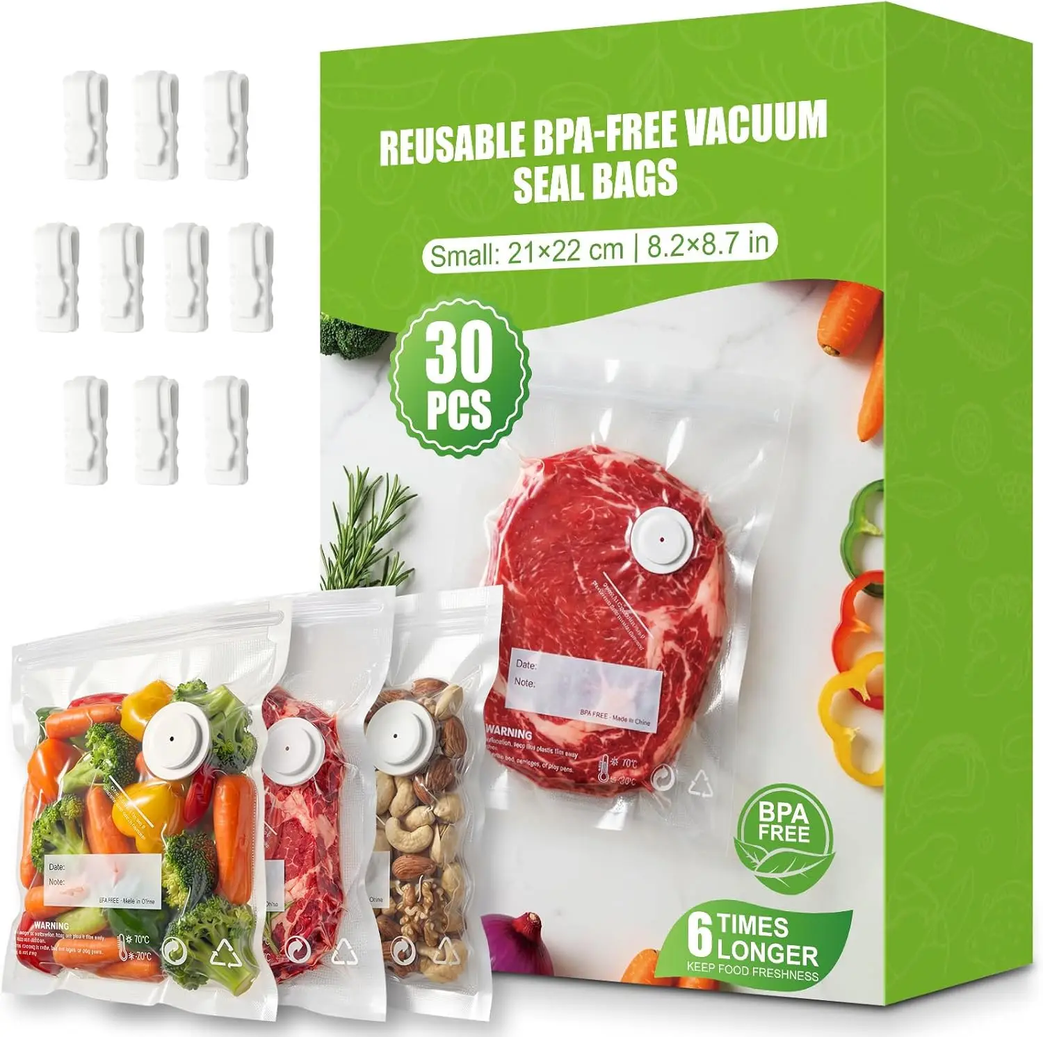 30PCS Reusable Vacuum Sealer Bags for Food with Air Valve & 10 Seal Clips – Small (8.2 x 8.7 in), BPA Free Food Storage Bags
30PCS Reusable Vacuum Sealer Bags for Food with Air Valve & 10 Seal Clips – Small (8.2 x 8.7 in), BPA Free Food Storage Bags