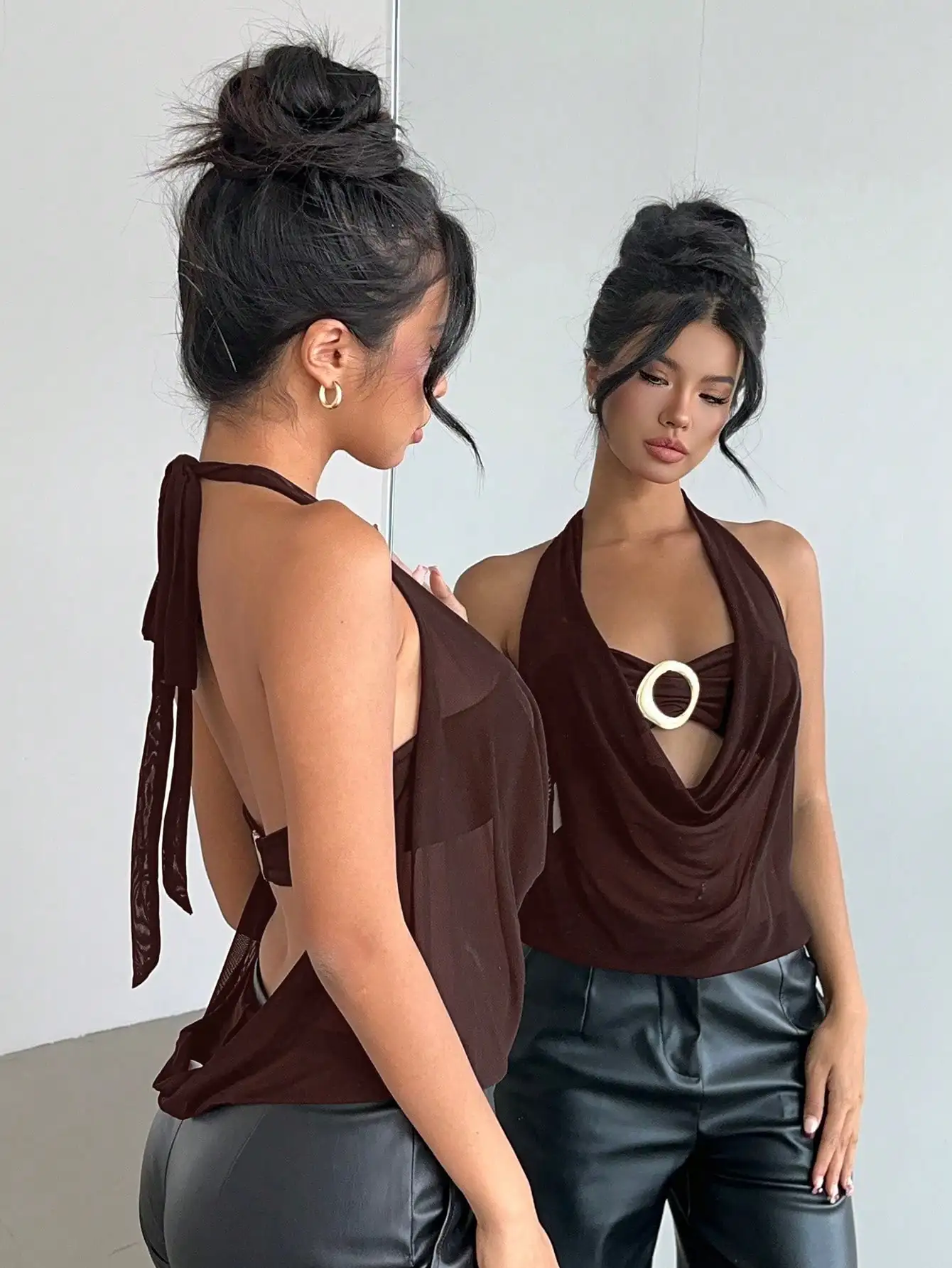 Sexy Semi-Sheer Plunging Neck Backless Halter Top with Ring Detail
Sexy Semi-Sheer Plunging Neck Backless Halter Top with Ring Detail