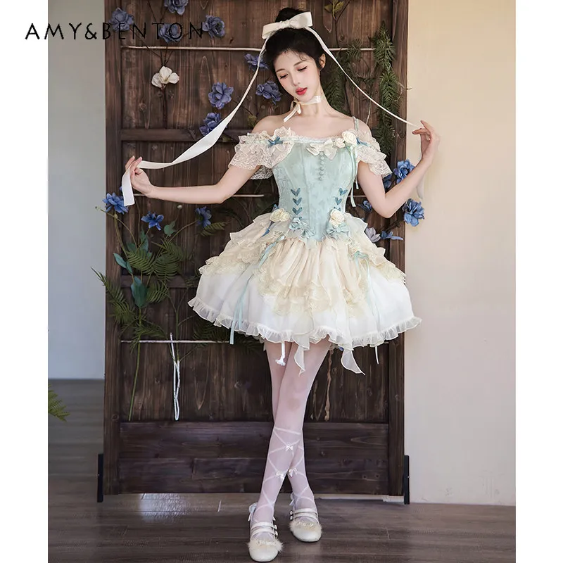 Summer New Women's Light Green Floral Bow Appliqué Short Suspender Cake Dress Birthday Party Daily Lolita Princess Dress
Summer New Women's Light Green Floral Bow Appliqué Short Suspender Cake Dress Birthday Party Daily Lolita Princess Dress