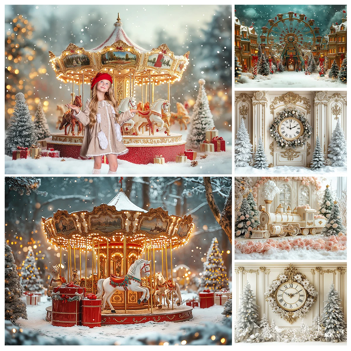 Winter Carousel Snowy Forrest Ferris Wheel Backdrops Kids Baby Photocall Christmas Trees Trains Backgrounds
Winter Carousel Snowy Forrest Ferris Wheel Backdrops Kids Baby Photocall Christmas Trees Trains Backgrounds