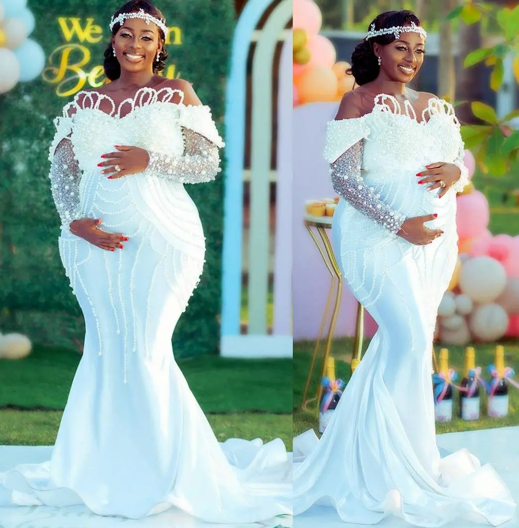 Customized Plus Size Arabic Mermaid Luxurious Pearls Wedding Dress Sheer Neck Satin Bridal Gowns Dresses
Customized Plus Size Arabic Mermaid Luxurious Pearls Wedding Dress Sheer Neck Satin Bridal Gowns Dresses