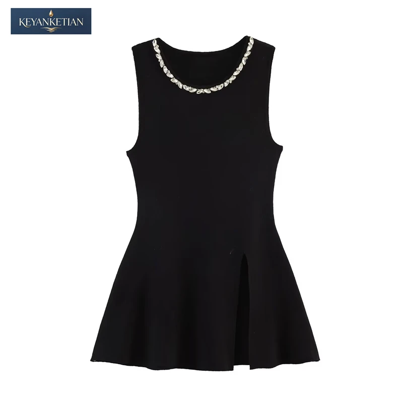KEYANKETIAN 2026 Elegant Knit Peplum Vest Slim Fit Rhinestone Decoration Neckline & Side Slit Flared Hem Sleeveless Sweater
KEYANKETIAN 2026 Elegant Knit Peplum Vest Slim Fit Rhinestone Decoration Neckline & Side Slit Flared Hem Sleeveless Sweater