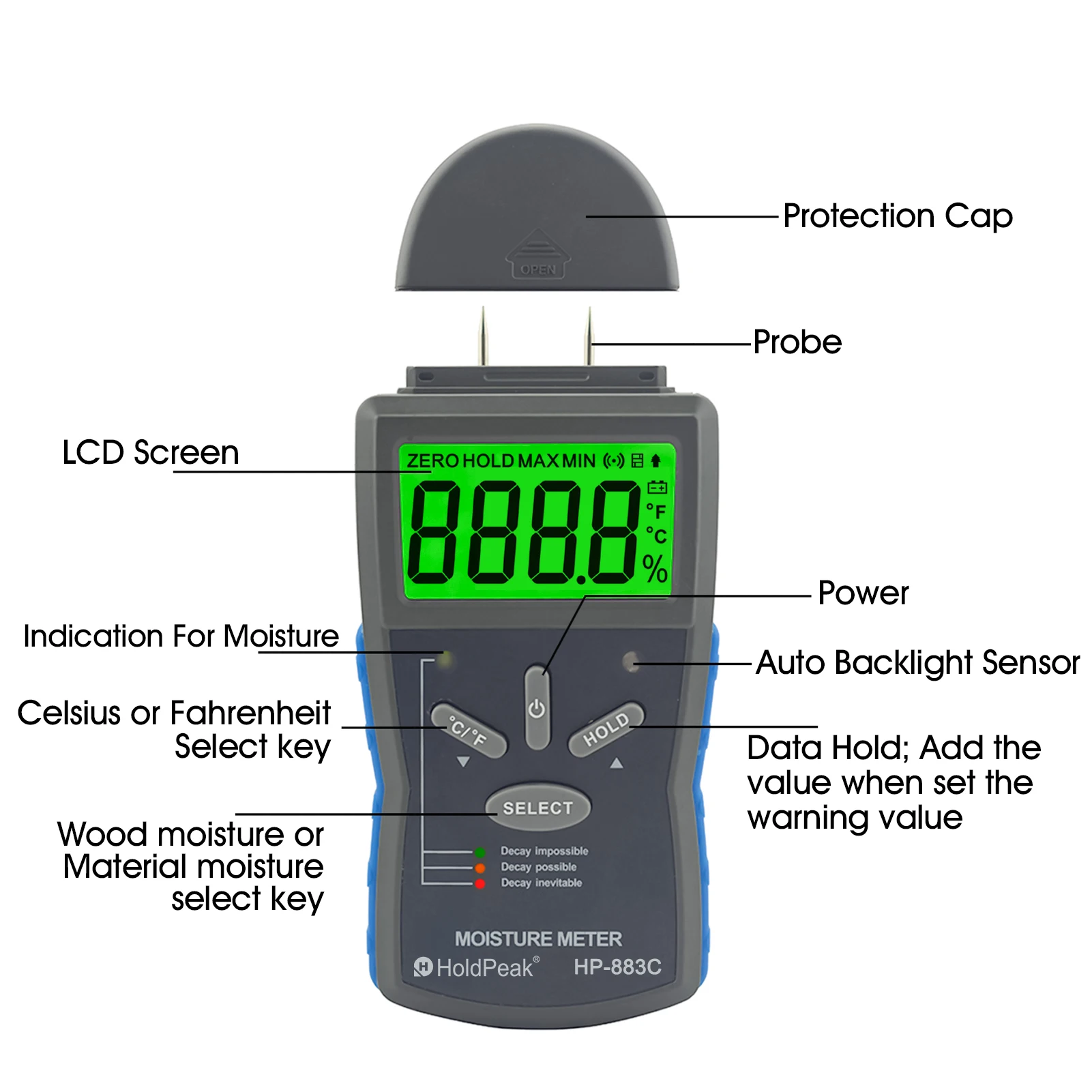 Moisture Meter 2-in-1 Wood & Building Material Humidity Tester with Temp Measurement LCD Backlight Data Hold