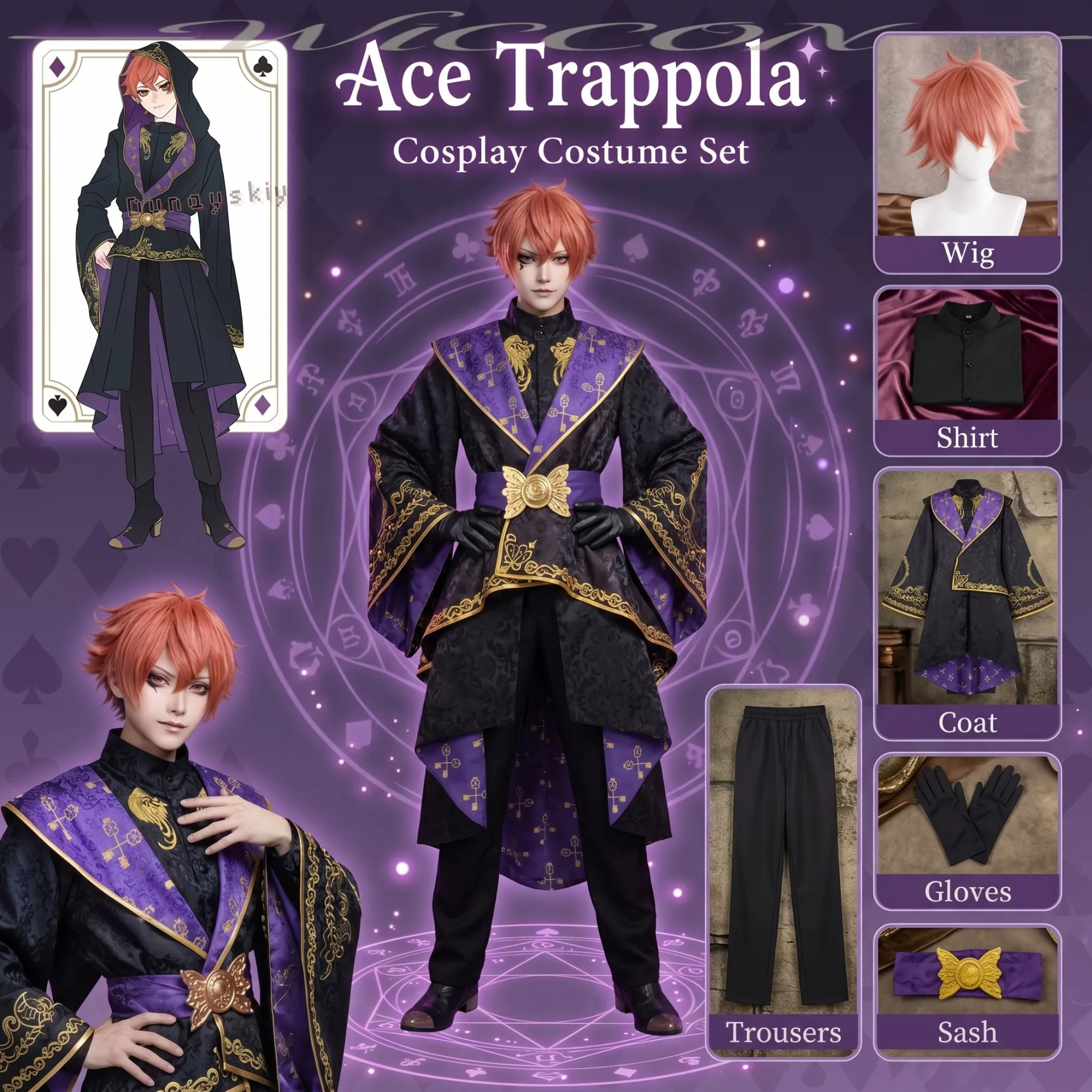Ace Trappola Idol Shared Clothing Black Purple Magic Robe Hat Goth Suit Halloween Party Cosplay Anime Game
Ace Trappola Idol Shared Clothing Black Purple Magic Robe Hat Goth Suit Halloween Party Cosplay Anime Game
