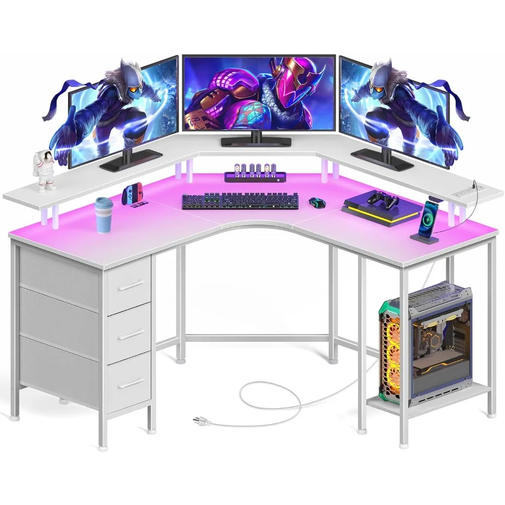 Corner Computer Desk with Power Outlets & LED Lights, 44.6" Small Home Office Desk with 3 Drawers, Reversible Gaming Desk with
Corner Computer Desk with Power Outlets & LED Lights, 44.6" Small Home Office Desk with 3 Drawers, Reversible Gaming Desk with