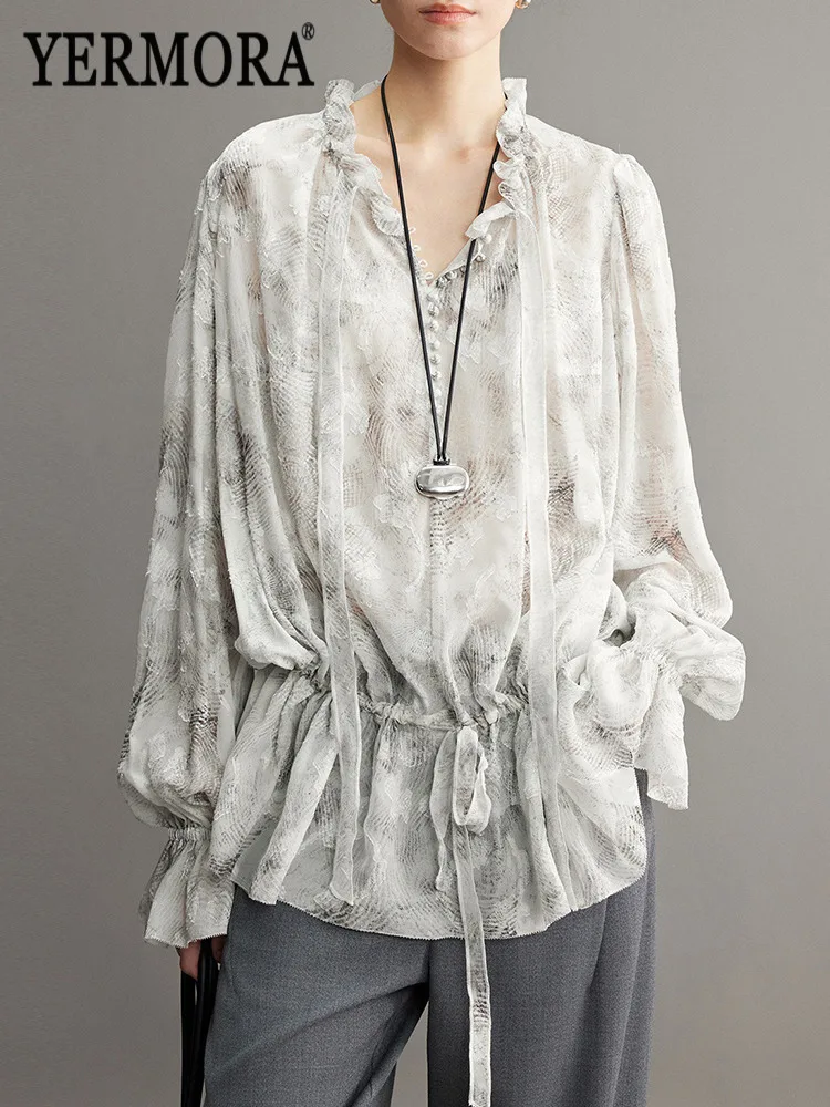YERMORA White Printed Drawstring Ribbon Blouse For Women V-Neck Long Sleeve Loose New Shirt Fashion Tide Spring Summer 2026
YERMORA White Printed Drawstring Ribbon Blouse For Women V-Neck Long Sleeve Loose New Shirt Fashion Tide Spring Summer 2026