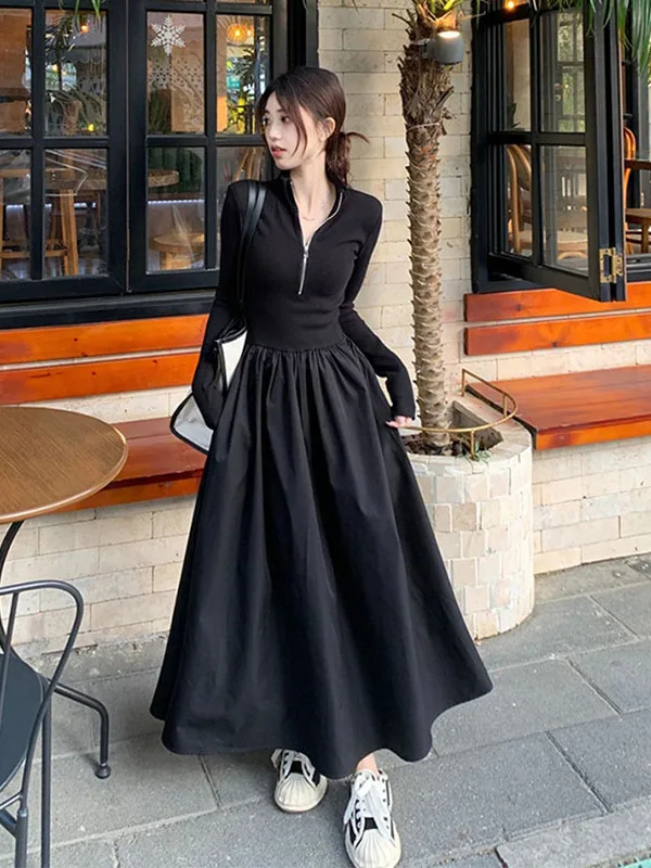 Black V-Neck Long Sleeve Half Zipper Dress Women's Spring Autumn High Waist Slimming Ankle-Length Casual A-Line Dress
Black V-Neck Long Sleeve Half Zipper Dress Women's Spring Autumn High Waist Slimming Ankle-Length Casual A-Line Dress
