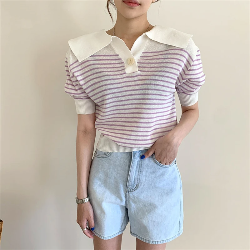 Female Fashion Short Sleeve Slim Turndown Collar Knitted Sweaters Women's Summer Striped Tops Vintage Loose All Match Pullover
Female Fashion Short Sleeve Slim Turndown Collar Knitted Sweaters Women's Summer Striped Tops Vintage Loose All Match Pullover