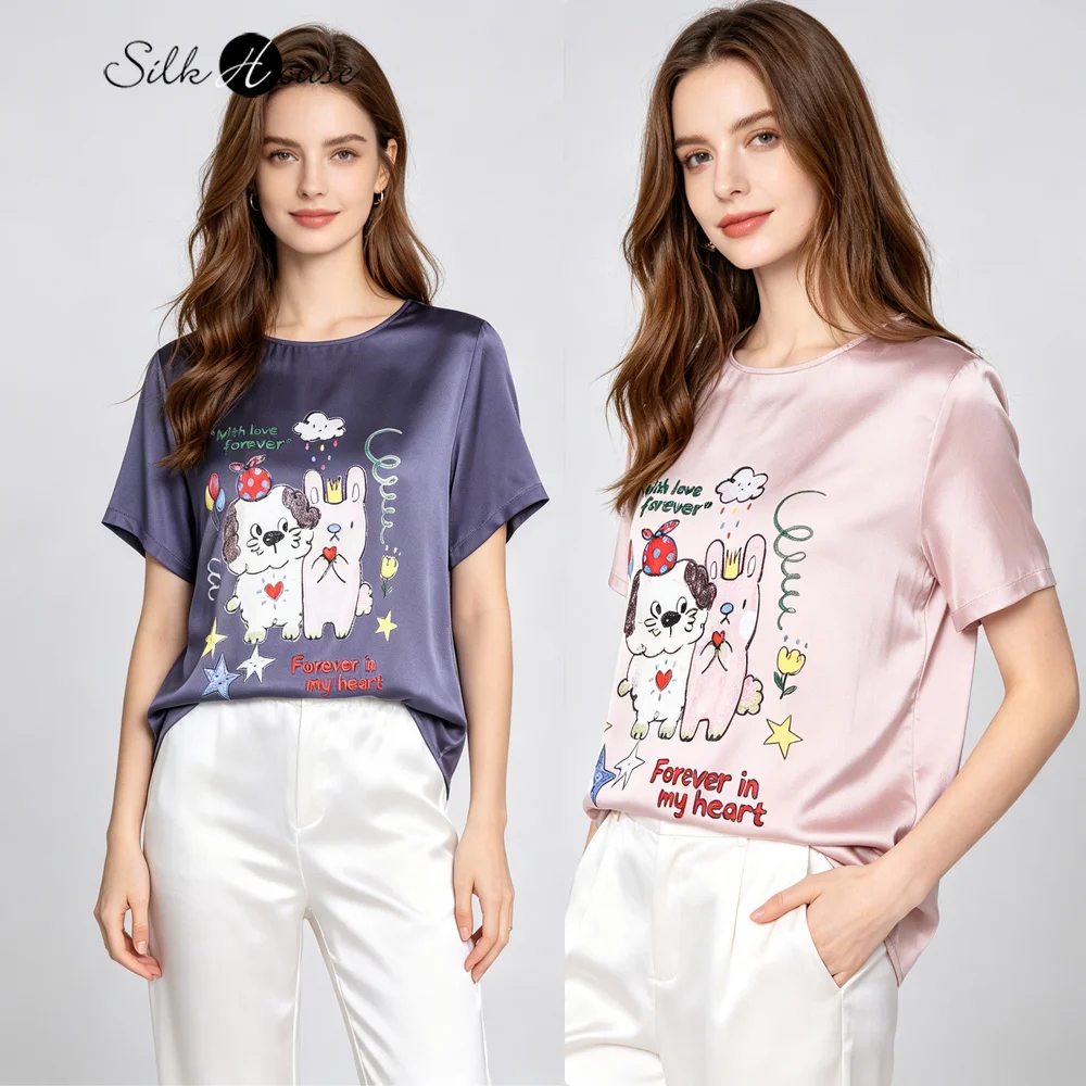 Women's Casual Summer New Cartoon Print 100% Natural Mulberry Silk Plain Satin Round Neck Short Sleeved Versatile T-shirt
Women's Casual Summer New Cartoon Print 100% Natural Mulberry Silk Plain Satin Round Neck Short Sleeved Versatile T-shirt