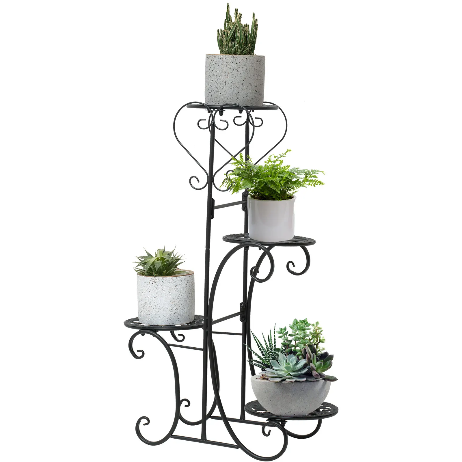 4-Tier Iron Plant Stand, Black Metal Frame, Round Holders, Protective Pads for Indoor/Outdoor Plant Display
4-Tier Iron Plant Stand, Black Metal Frame, Round Holders, Protective Pads for Indoor/Outdoor Plant Display