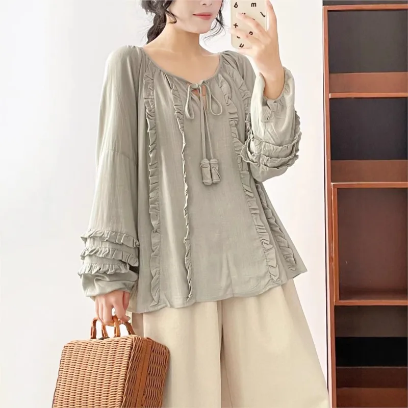 Johnature New Loose Versatile Cotton Shirt For Women 2025 Spring Summer New O-neck Casual Simple Ruffles Women Blouses
Johnature New Loose Versatile Cotton Shirt For Women 2025 Spring Summer New O-neck Casual Simple Ruffles Women Blouses