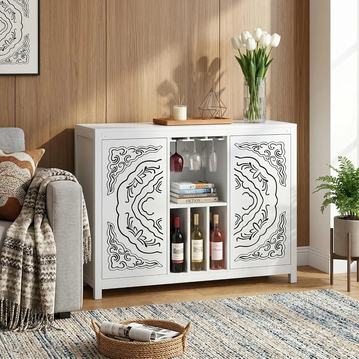 Wine Bar Cabinet, Bohemian Style Wood Sideboard Buffet Cabinet Freestanding Liquor Storage Cabinet with 2 Doors for, Customized
Wine Bar Cabinet, Bohemian Style Wood Sideboard Buffet Cabinet Freestanding Liquor Storage Cabinet with 2 Doors for, Customized