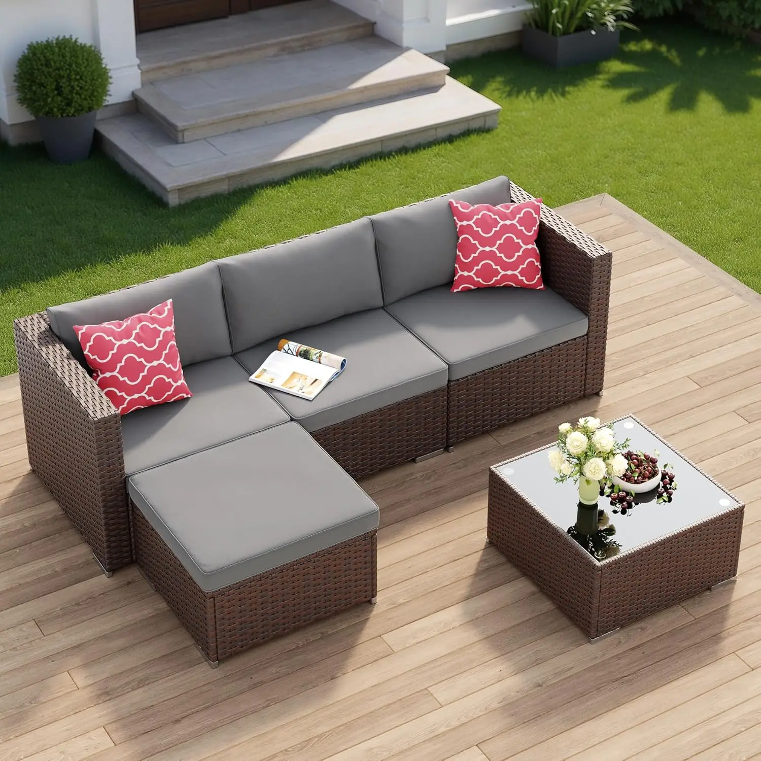 Grey 5 Pieces All-Weather Outdoor Wicker Sectional Patio Furniture Set with Cushion and Glass Table
Grey 5 Pieces All-Weather Outdoor Wicker Sectional Patio Furniture Set with Cushion and Glass Table
