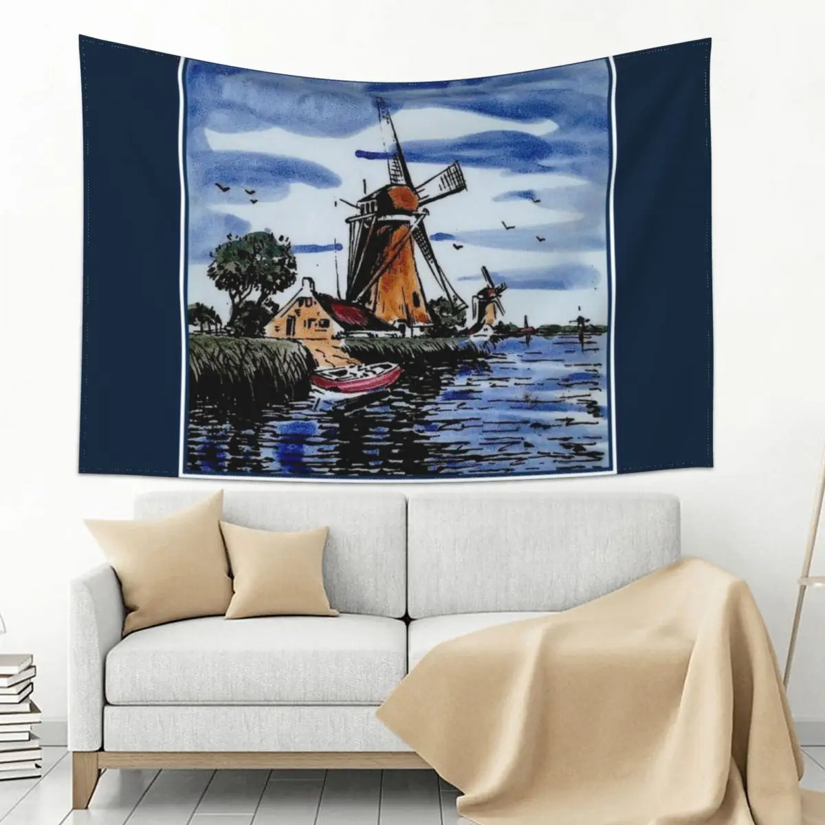 DUTCH BLUE DELFT : Vintage Colorful Windmills and boat on River Print Tapestry
DUTCH BLUE DELFT : Vintage Colorful Windmills and boat on River Print Tapestry