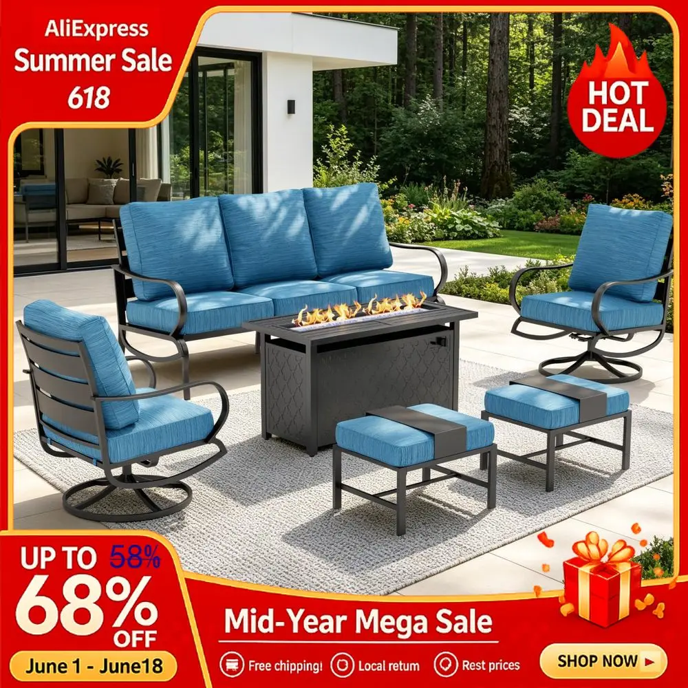 Patio Furniture Sets with 45 Gas Fire Pit Table for 7 Conversation Sets 6 Pcs, 2 x Swivel Cushioned Sofa Chairs, 1x3Sea, Custom
Patio Furniture Sets with 45 Gas Fire Pit Table for 7 Conversation Sets 6 Pcs, 2 x Swivel Cushioned Sofa Chairs, 1x3Sea, Custom