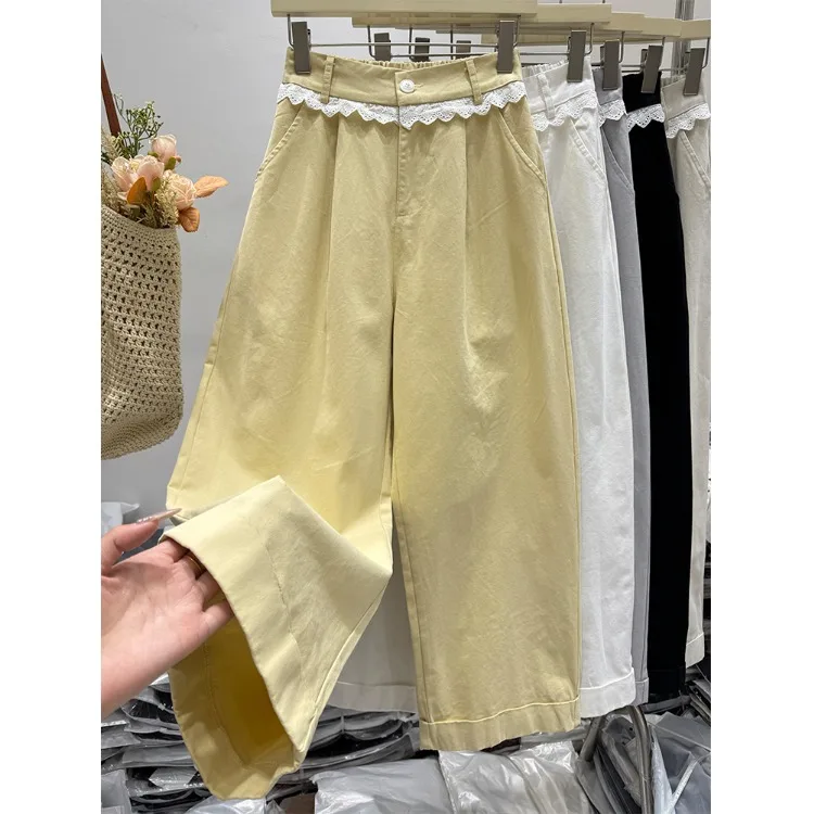 Elastic High Waist Lace Trim Wide Leg Pants Women's Casual Loose Slimming Straight Leg Trousers Long Pants Spring 2025 New
Elastic High Waist Lace Trim Wide Leg Pants Women's Casual Loose Slimming Straight Leg Trousers Long Pants Spring 2025 New