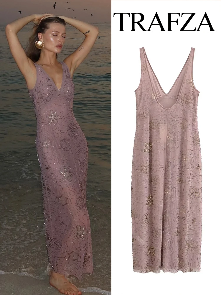TRAFZA 2025 Summer Women Elegant Sexy V-Neck Sleeveless Backless Midi Dress Woman Translucent Hem Beaded Decoration Party Dress
TRAFZA 2025 Summer Women Elegant Sexy V-Neck Sleeveless Backless Midi Dress Woman Translucent Hem Beaded Decoration Party Dress