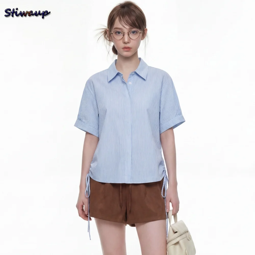 Women's Blouse Summer Vintage Clothing Blue Striped Short Sleeve Women Shirts Side Tie Design Fashion Cool Elegant Women's Shirt
Women's Blouse Summer Vintage Clothing Blue Striped Short Sleeve Women Shirts Side Tie Design Fashion Cool Elegant Women's Shirt