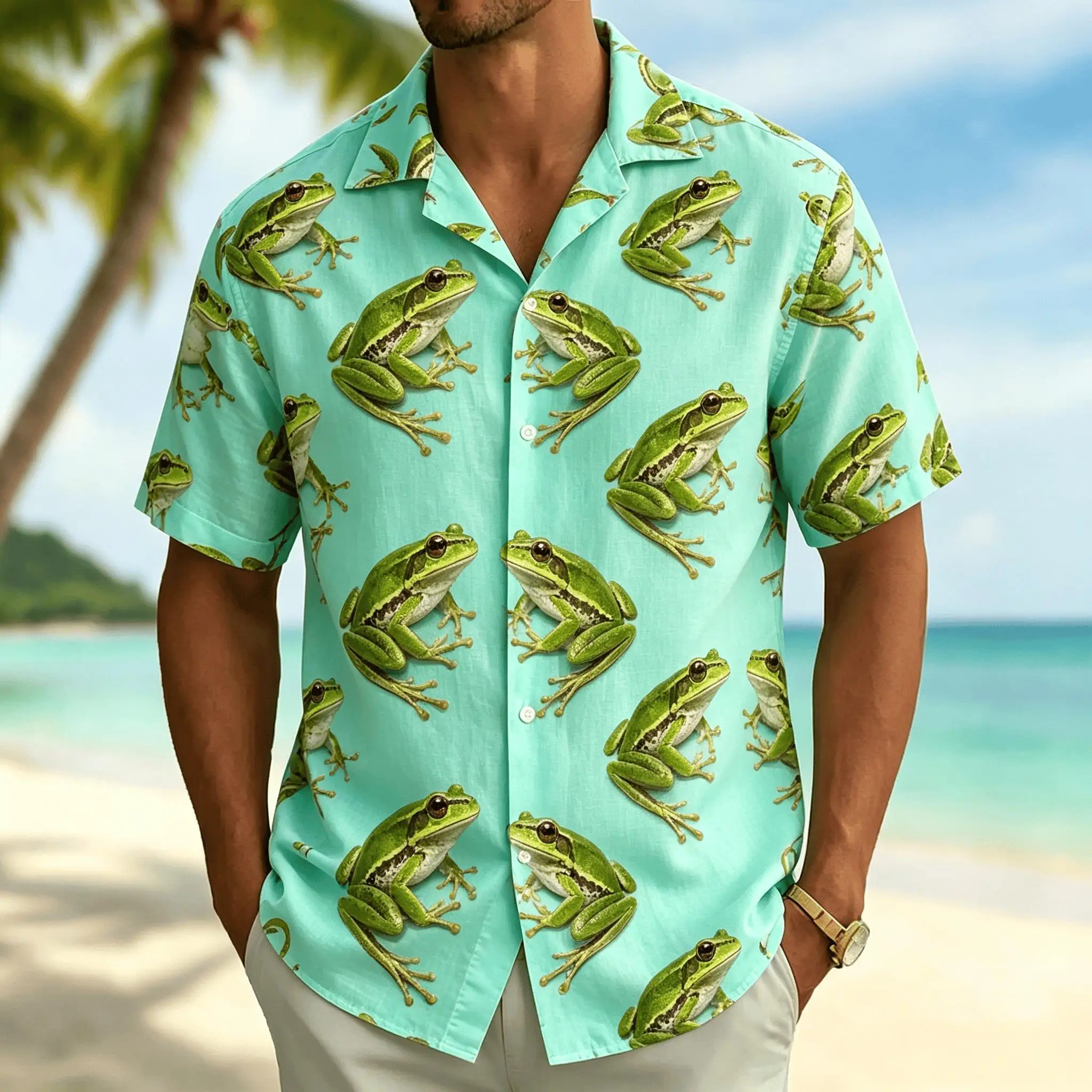 Men's Mint Green Frog Print Short Sleeve Shirt, Casual Hawaiian Button Down Top with Cute Amphibian Design for Spring Summe
Men's Mint Green Frog Print Short Sleeve Shirt, Casual Hawaiian Button Down Top with Cute Amphibian Design for Spring Summe