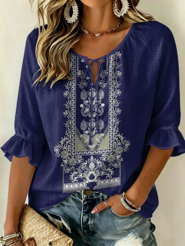 Women's Navy Ethnic Embroidered Tie Neck Blouse, Casual Loose Tops for Spring Summer Daily Wear & Vacation Occasions
Women's Navy Ethnic Embroidered Tie Neck Blouse, Casual Loose Tops for Spring Summer Daily Wear & Vacation Occasions