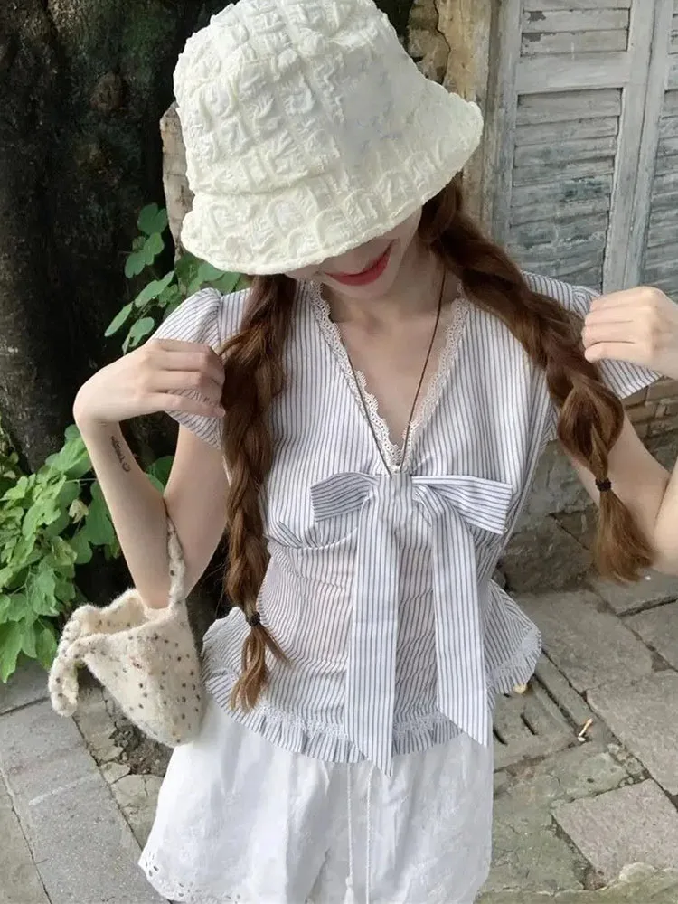 Sweet Chic Bow Ruffle Striped Shirt Women Lace V Neck Slim Waist Short Sleeve Blouses Summer New Versatile Y2k Crop Top
Sweet Chic Bow Ruffle Striped Shirt Women Lace V Neck Slim Waist Short Sleeve Blouses Summer New Versatile Y2k Crop Top