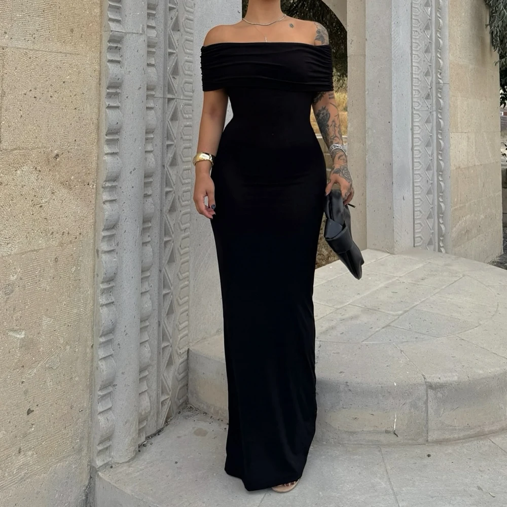 Customized Modern Pleats Boat Neck Off the Shoulder Evening Dresses Graceful Straight Jersey Short Sleeves Black Party Gowns
Customized Modern Pleats Boat Neck Off the Shoulder Evening Dresses Graceful Straight Jersey Short Sleeves Black Party Gowns