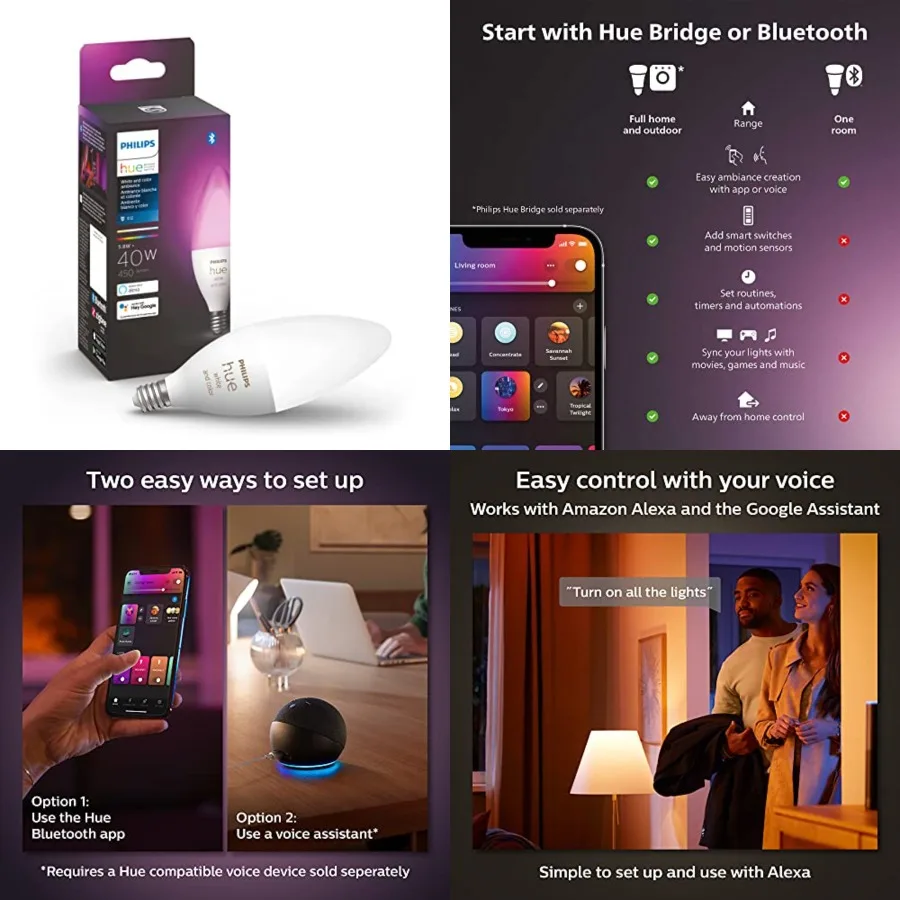 Smart 0W B39 Cle-Shaped LED Bulb - -Changing Light - - 50LM - E2 - Control with Hue App - Works with Alexa, Google Assistant an
Smart 0W B39 Cle-Shaped LED Bulb - -Changing Light - - 50LM - E2 - Control with Hue App - Works with Alexa, Google Assistant an