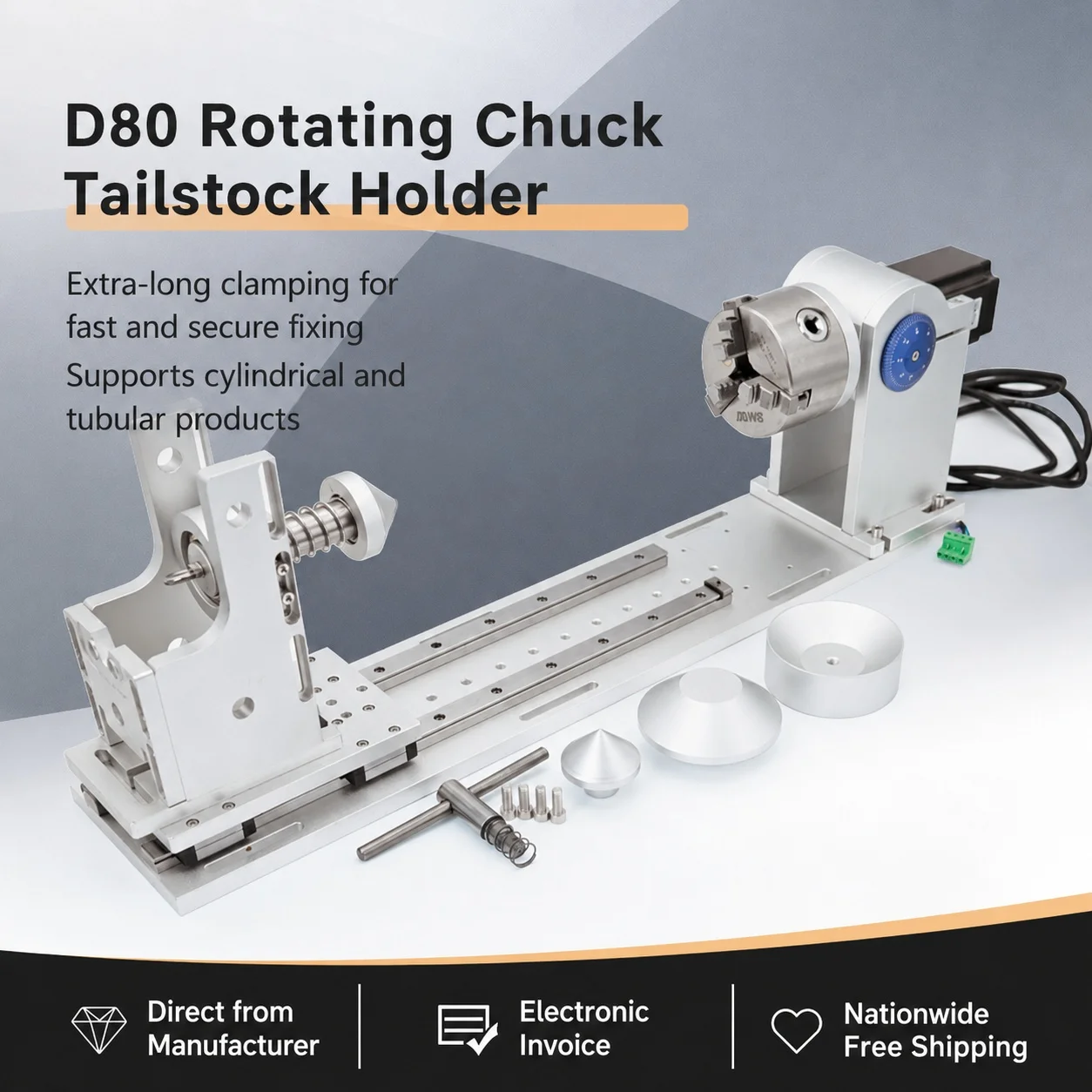 D100 Servo Rotary Fixture Chuck with Tailstock Base and Control Box for Laser Marking Welding Engraving
D100 Servo Rotary Fixture Chuck with Tailstock Base and Control Box for Laser Marking Welding Engraving