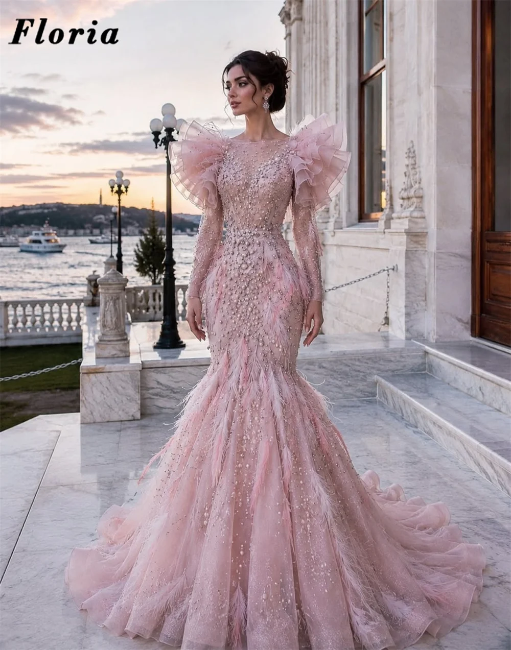 Exquisite Pink Mermaid Evening Dresses Crystals Feathers Tiered Skirt Formal Occasion Dress Customized Wedding Beads Party Gowns
Exquisite Pink Mermaid Evening Dresses Crystals Feathers Tiered Skirt Formal Occasion Dress Customized Wedding Beads Party Gowns