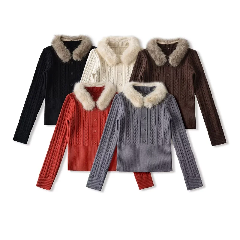 Retro Twist Knitted Sweater with Fur Collar Decoration Single Button ort Sle Warm Gentle And Slimming Top for Women
Retro Twist Knitted Sweater with Fur Collar Decoration Single Button ort Sle Warm Gentle And Slimming Top for Women