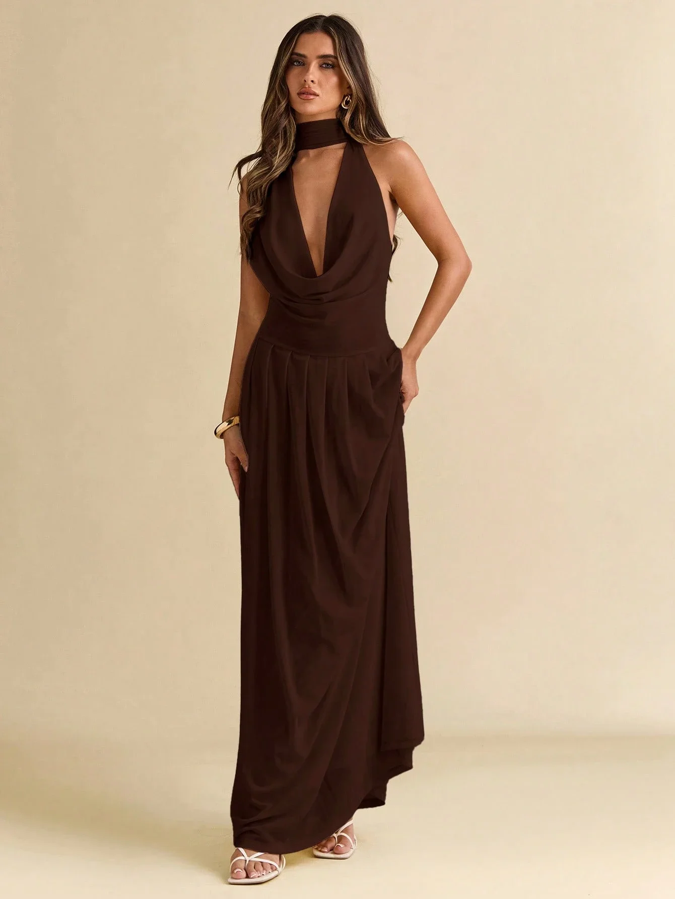 Women Solid Brown Halter Maxi Dress With Deep V-Neck And Open Back Drape
Women Solid Brown Halter Maxi Dress With Deep V-Neck And Open Back Drape